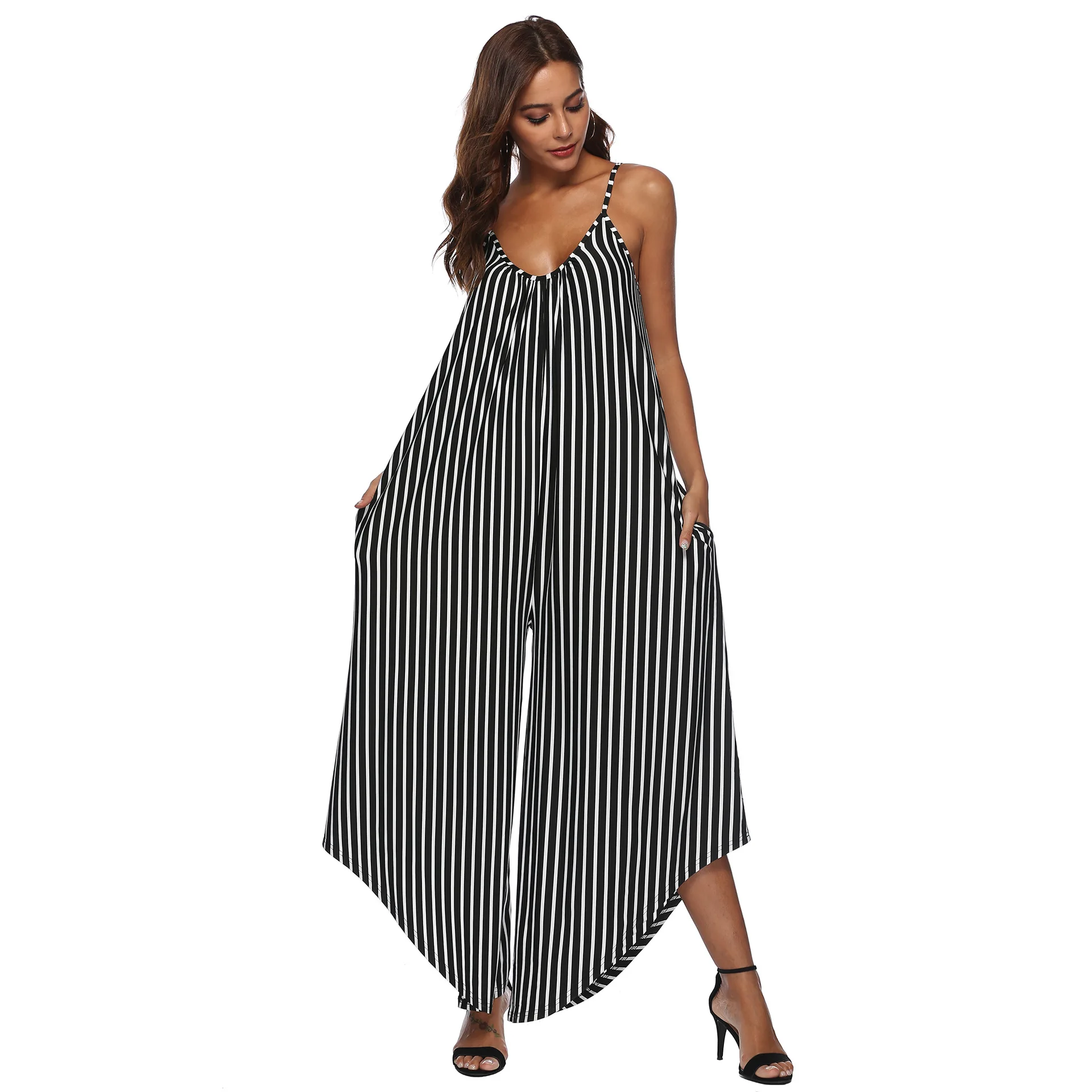 spaghetti strap Sexy loose long jumpsuit chiffon sleeveless striped casual wide leg pants lady's long Bodysuits Playsuits Jumpsuits and Playsuits