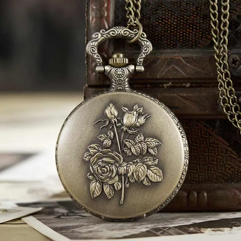 

Vintage Craving Rose Fullmetal Alchemist Quartz Pocket Watch Men Women Flowers Necklace Pendant Chain Steampunk Retro Clock
