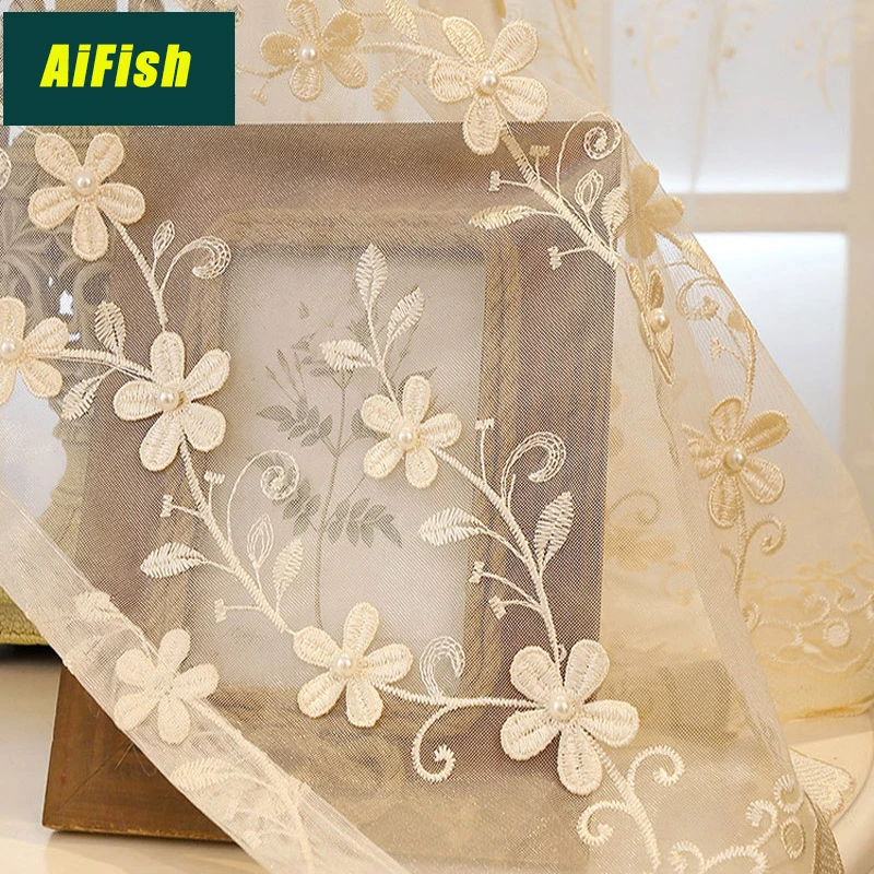 

Luxury European Embroidered Floral Beaded Sheer Curtains Tulle Drapes for Living Room Elegant Voile Panels for Bedroom WP362&3