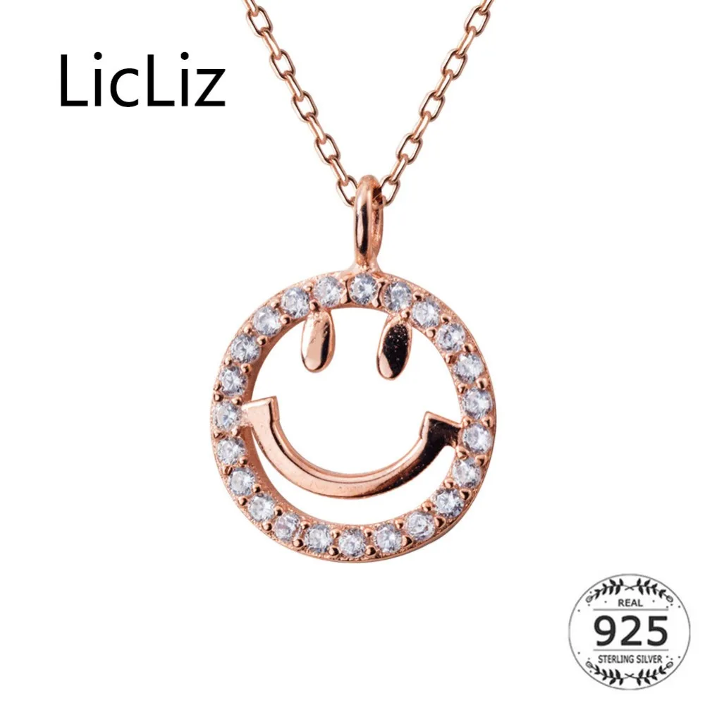 

LicLiz New 925 Sterling Silver Hollow Smile Face Pendant Necklaces for Women New Rose&White Gold Link Chains Jewelry Gift LN0454