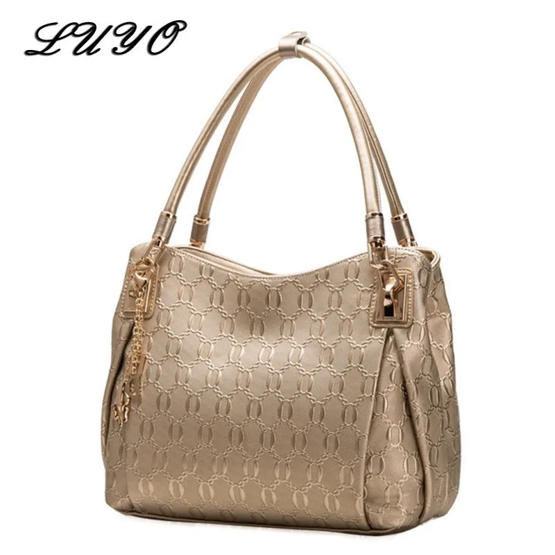 LUYO Brand Gold Women Cow Genuine Leather Shoulder Bag Fashion Luxury