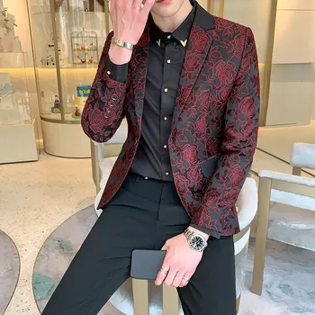 

Red Peony Jacquard Blazer Men Slim Fit Single Button Blazer Masculino Party Wedding Prom Suit Jacekt Blazers Men Terno Masculino