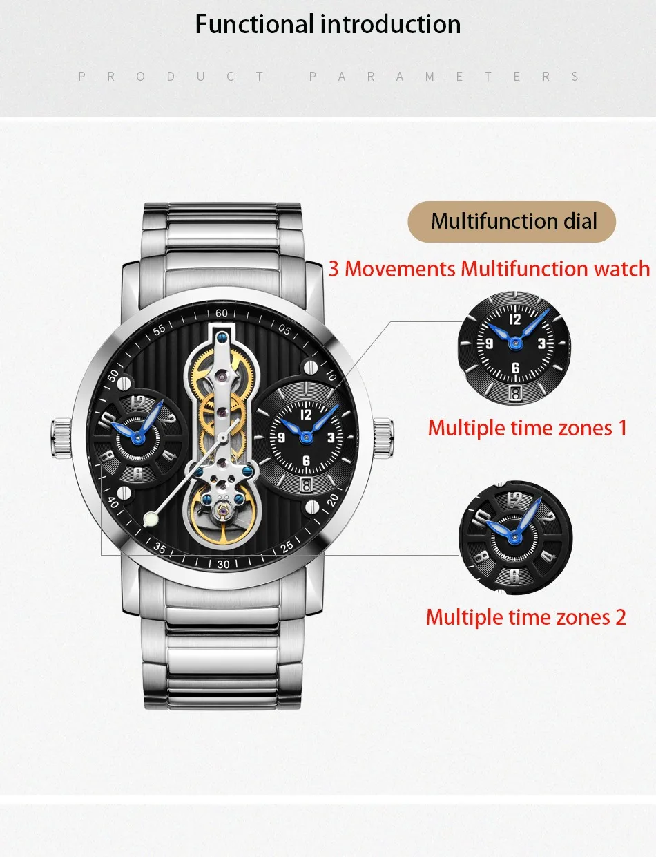 Часы с двойным часовым поясом, черный чехол, механические стимпанк мужские часы со скелетом, креативные механические часы