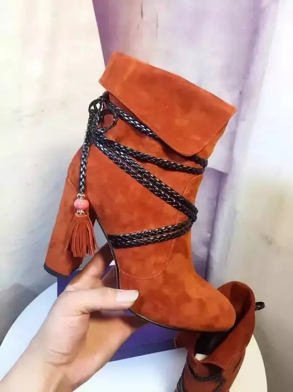 

2017 New Arrival Spring Autumn Flock Dress Shoes Women Round Toe High Heel Booties Fringe Embellished Lace Up Ankle Boots