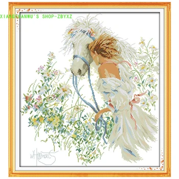 

White Horse and Girl jcs Counted Cross Stitch 11CT Printed 14CT Cross Stitch Kits for Embroidery