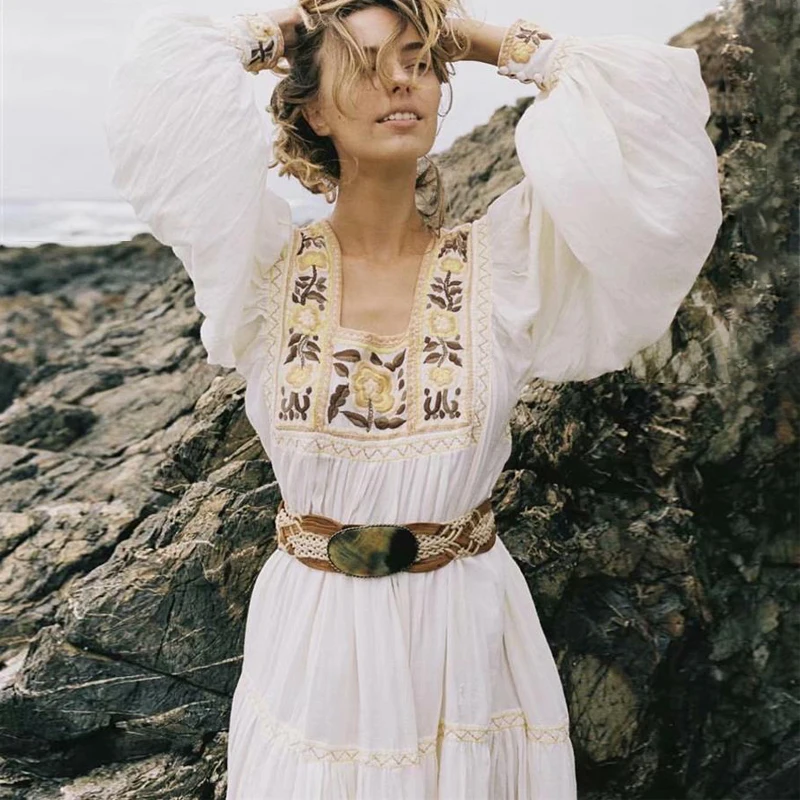 

Boho Summer Dress Floral Embroidered Women Dress Long Sleeve Square Collar Loose Casual Cotton Dresses for Vacation Vestidos New