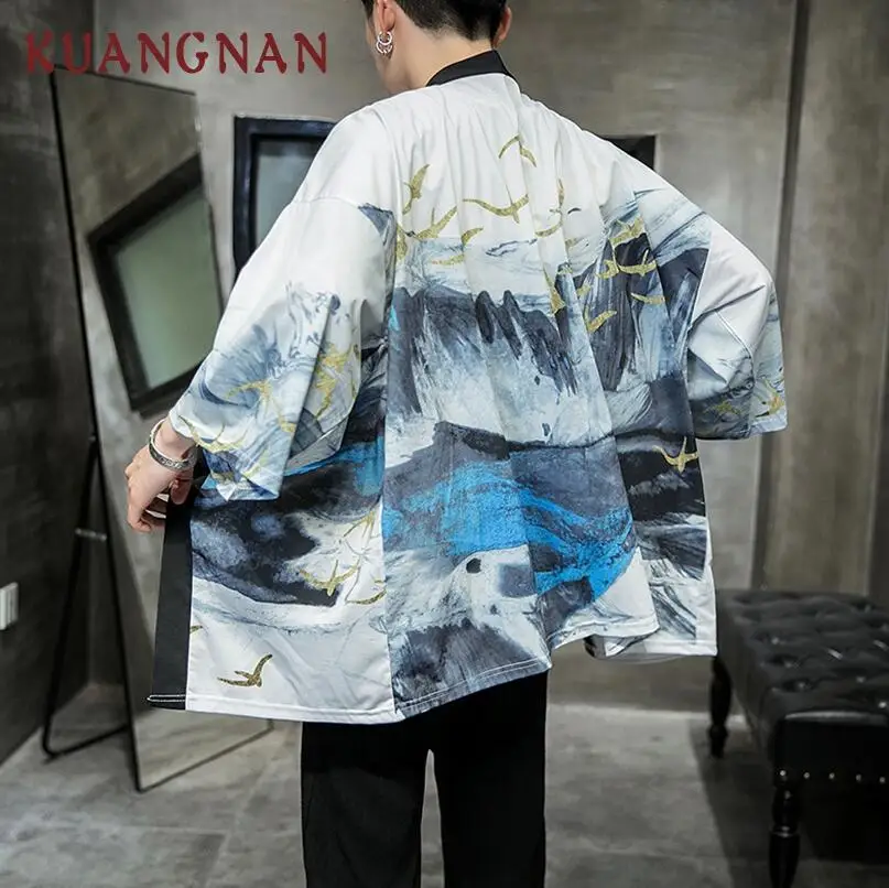 KUANGNAN Wild Goose Print Kimono Men Japanese Kimono Cardigan Harajuku Kimono Shirt Men Streetwear Hawaiian Shirt Men - Цвет: Golden Wild Goose