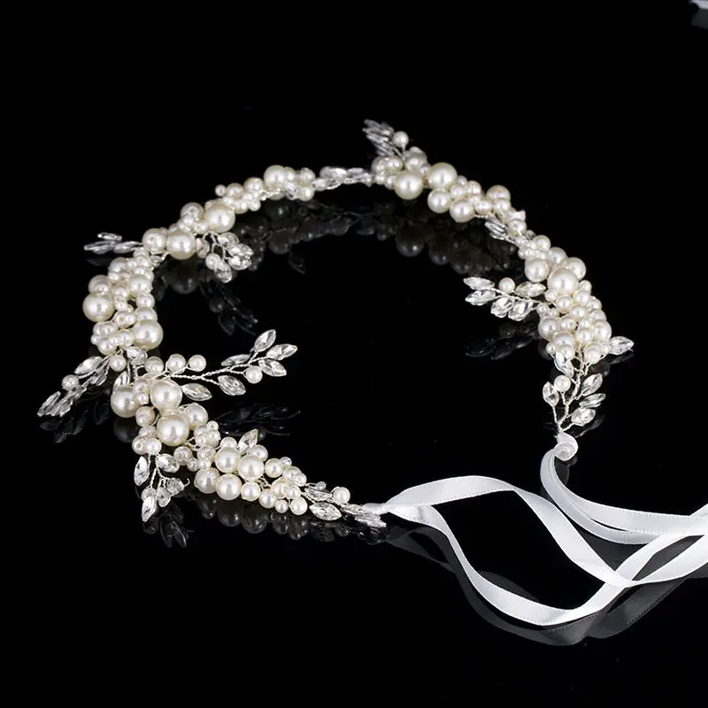 Fashion Silver Pearl Beaded Headband Bridal Crystal Wedding Hair Accessories Women Jewelry Headpiece