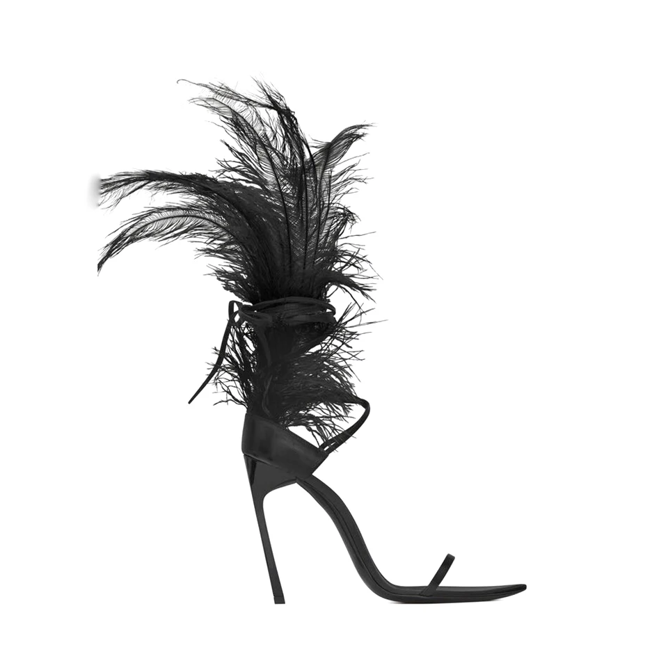 Mstacchi черные сандалии, украшенные перьями для женщин из страусового волоса Декор тонкий Обувь на высоком каблуке Танцы обувь дамы с накладкой поверх каблука; сандалии с меховой отделкой для подиумного показа обувь для вечеринок