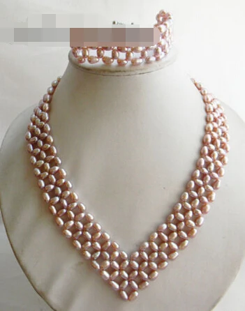 

free shipping 07717 Lavender Rice Freshwater Pearl Bracelet Necklace Set (A0423)