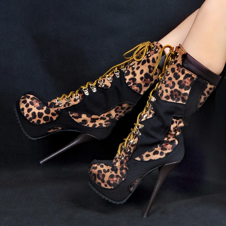 Оригинальное предназначение; новые пикантные женские сапоги до середины икры; сапоги на платформе с круглым носком на тонком высоком каблуке; обувь леопардовой расцветки; женская обувь; большие размеры США 4-15