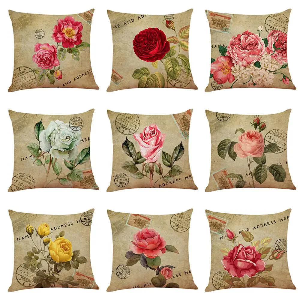 

Vintage rose Cushion Cover Stamp pattern Print Cushion Cover Linen Throw Pillow Chair Sofa Home Decorative Pillowcase 45*45cm