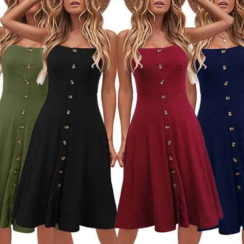 

HIRIGIN Women Fashion Boho Button Midi Dress Evening Party Beach Dresses Summer Sundress