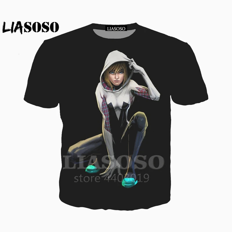 

LIASOSO Newest Hip hop T-shirt 3D Print Men Women Anime Spider Gwen Casual O-neck Harajuku Funny Quality T Shirts Tops A048-98