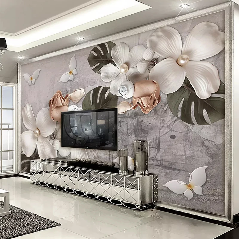 Тисненые белые перламутровые цветы на заказ фрески обои Современная Настенная Ткань Гостиная ТВ домашний Декор 3D Фреска настенное покрытие