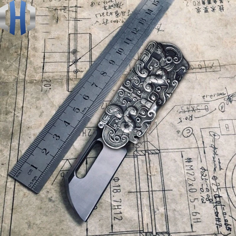 

Glutton Folding EDC Pendant Portable Paper Cutter Key Pendant 925 Silver Damascus One-handed Opening And Closing Knife