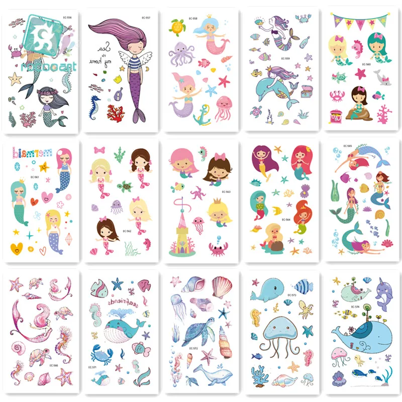 15Pcs/ New Cartoon Temporary Tattoo Mermaid Girl Princess  Fake Tattoo Colorful Ocean Animals Flash Tatoo For kid Hand Body Taty