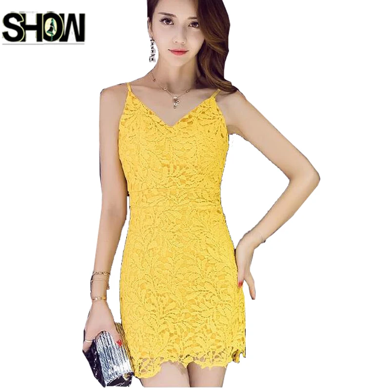 

Sexy Hot Dresses New Hot Selling Korean Style Women Club Party Wear Slim Pencil Bandage Bodycon Black Yellow Lace Work Dress 600
