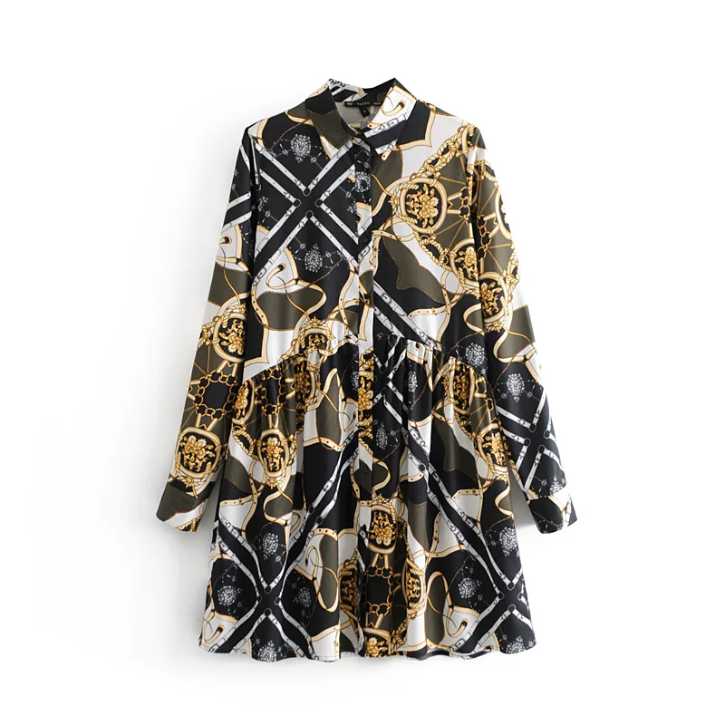 

Stylish Retro Chains Print Mini Dress 2019 Spring Vintage Lapel Long Sleeve Dresses Feminine Streetwear A-Line Casual Vestidos