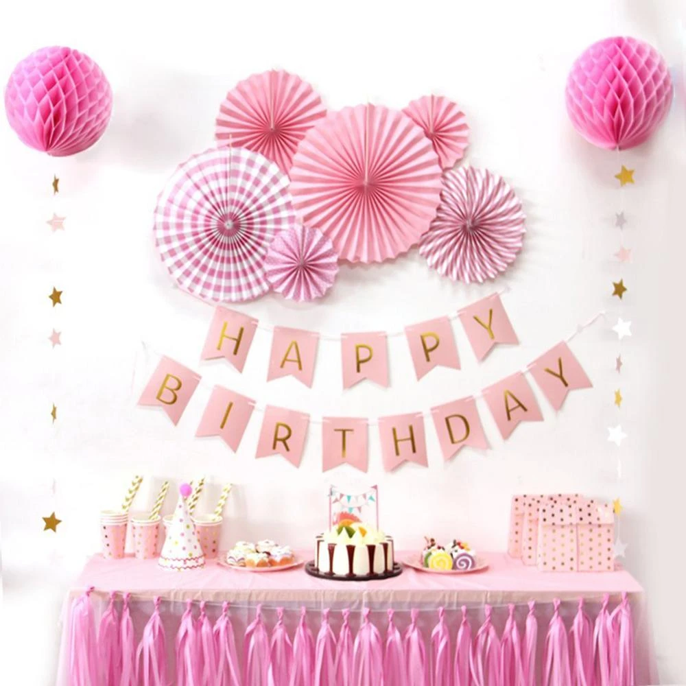 Kit De Decoration De Fete D Anniversaire En Papier Suspendu Guirlande De Banniere A Pampilles Eventails Rosettes Boules En Nid D Abeille Guirlande D Etoiles Pour Anniversaire Aliexpress