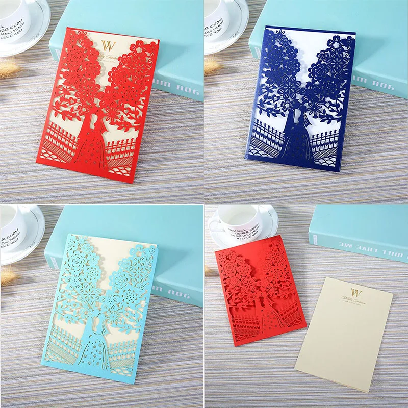 

50pcs Red Blue Laser Cut Wedding Invitations Card Tree Design Greeting Cards Customize Envelopes Wedding Party Favor Decoration