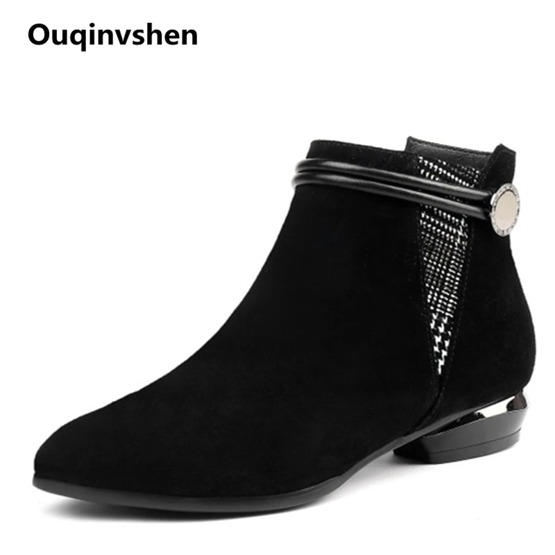 

Ouqinvshen Mixed Colors Ankle Boots Women Plus Size 33-42 Black Plush Fashion Women Boots 2018 Pointed Toe Flat Boots For Women
