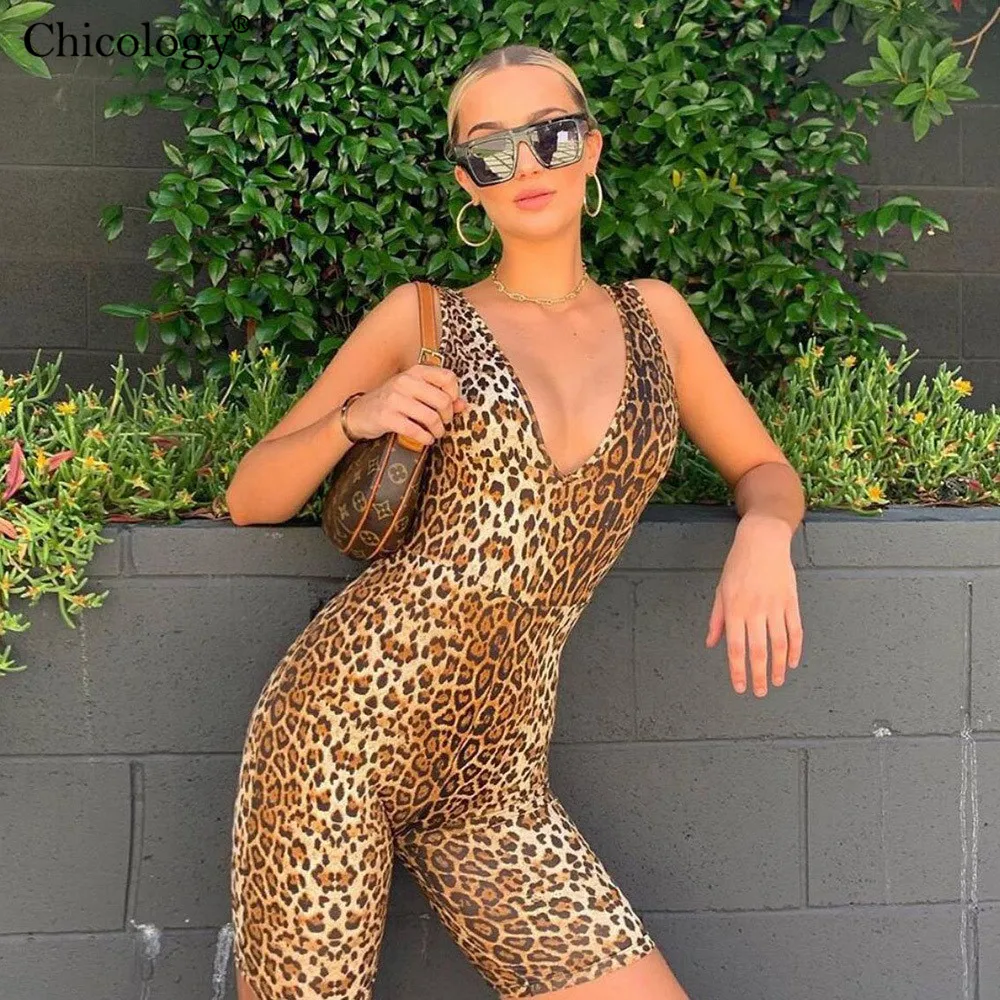 

Chicology leopard playsuit sleeveless women sexy club combishort 2019 summer streetwear lady outfit female one piece clothing