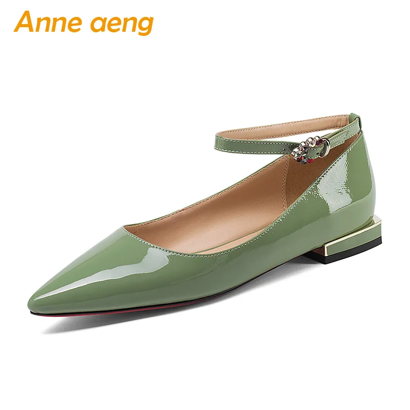 

New Spring/Autumn Genuine Leather Women Pumps Low Heels Cow Leather Upper Pointed Toe Sexy Leadies Women Shoes Green Mary Janes