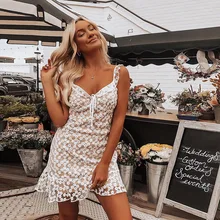 Summer Style White Lace Dress Sexy Women Vacation Dress See Through Front Lace Up Ladies Low Cut Sheer Dress Side Zip Sundress Summer Style White Lace Dress Sexy Women Vacation Dress See Through Front Lace Up Ladies Low Cut Sheer Dress Side Zip Sundress