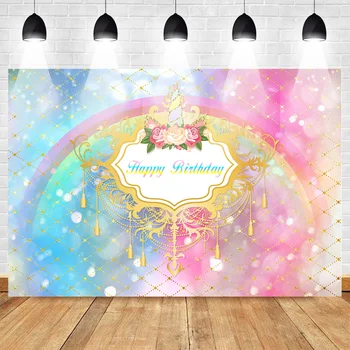 

Celebration Birthday Backdrop for Photography Unicorn Rainbow Background for Baby Newborn Golden Colorful Party Supplies Props