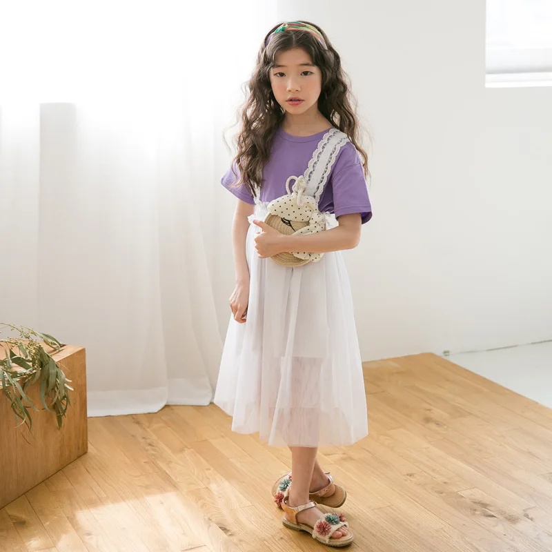 

2019 Girls Dress for Summer Child Clothing Lace Patchwork Girl Child White Tulle Dress Khaki Suspenders Teen School Long Dress