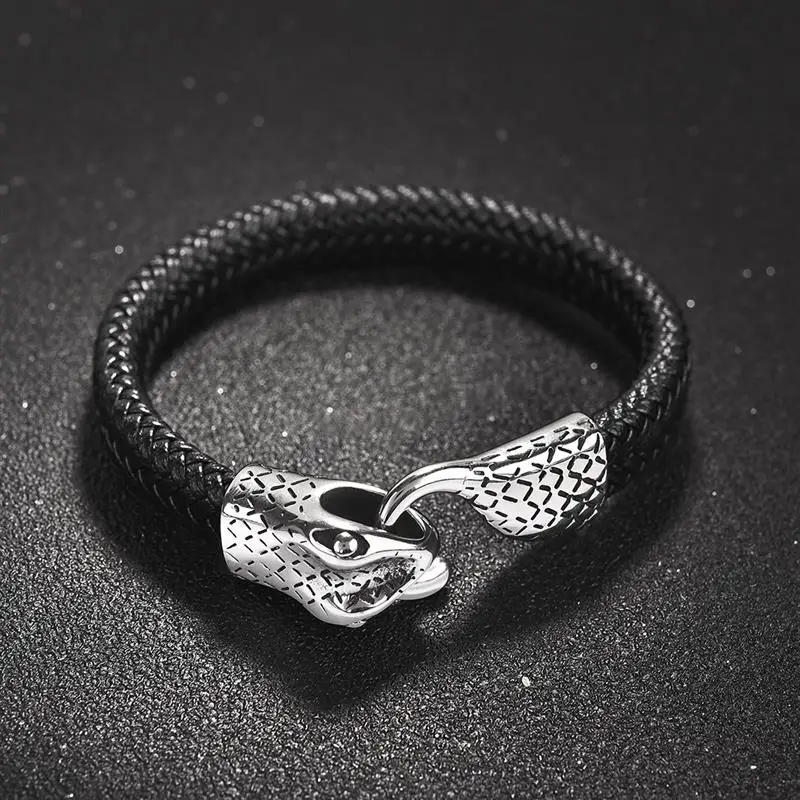 Jiayiqi Уникальный Панк Кожаный браслет для мужчин Нержавеющая Сталь Змея крюк браслет плетеный браслет мужские ювелирные изделия аксессуары Подарки