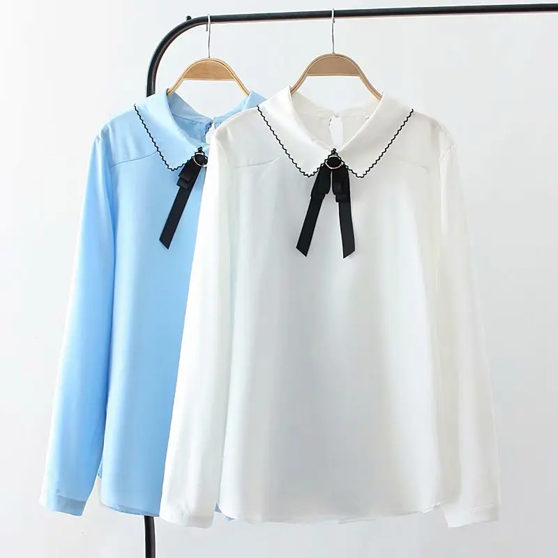 Plus size peter pan collar long sleeve chiffon blouses