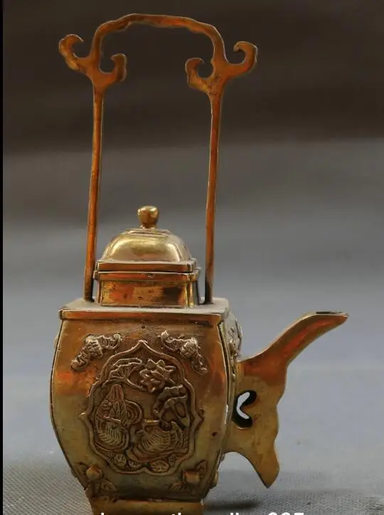 

7.1" Chinese Bronze Gild Mandarin Duck Fish Goldfish Kettle Pot Teapot Teakettle