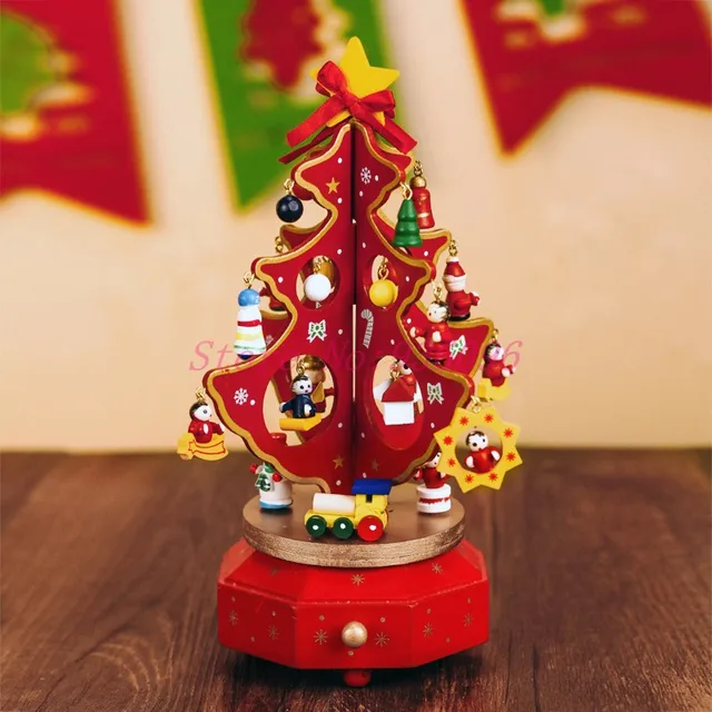 Vintage christmas tree music box plays o christmas tree o Wooden Christmas tree rotating music box Christmas decorations eight music boxes Desktop