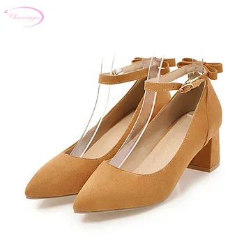 

Chainingyee sweet style sexy pointed toe pumps fashion belt buckle bowknot yellow black beige pink thick med heels women's shoes
