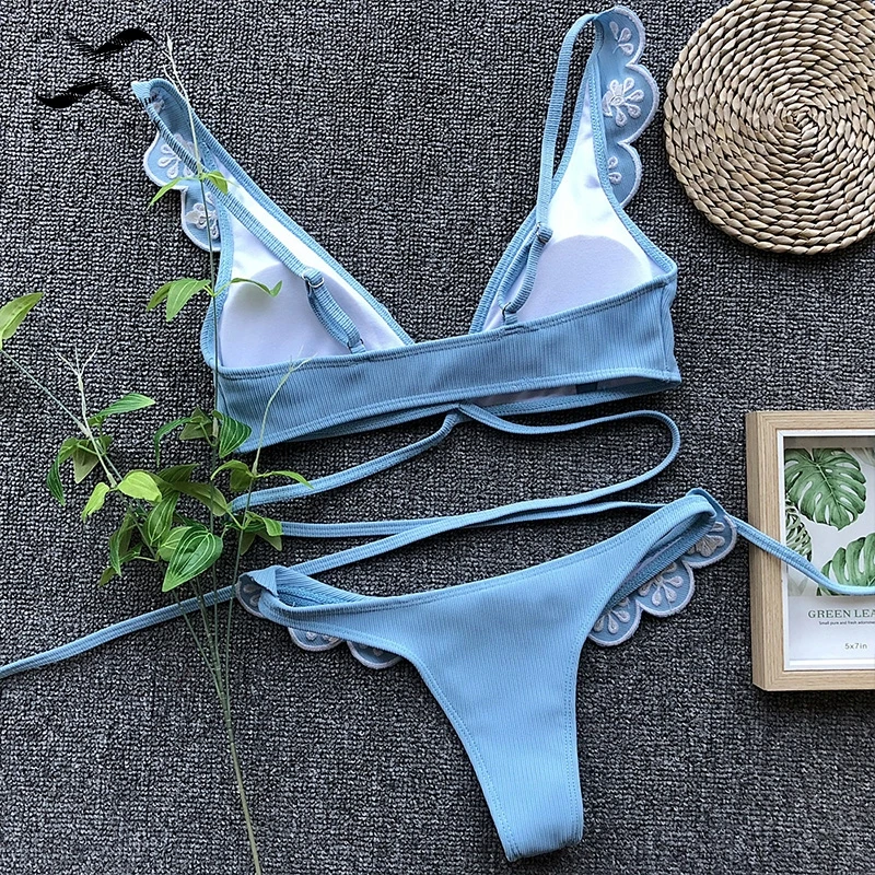 Bikinx 2019 Ruffled вышивка женский купальник бикини пуш ап купальники Highcut глубокий v