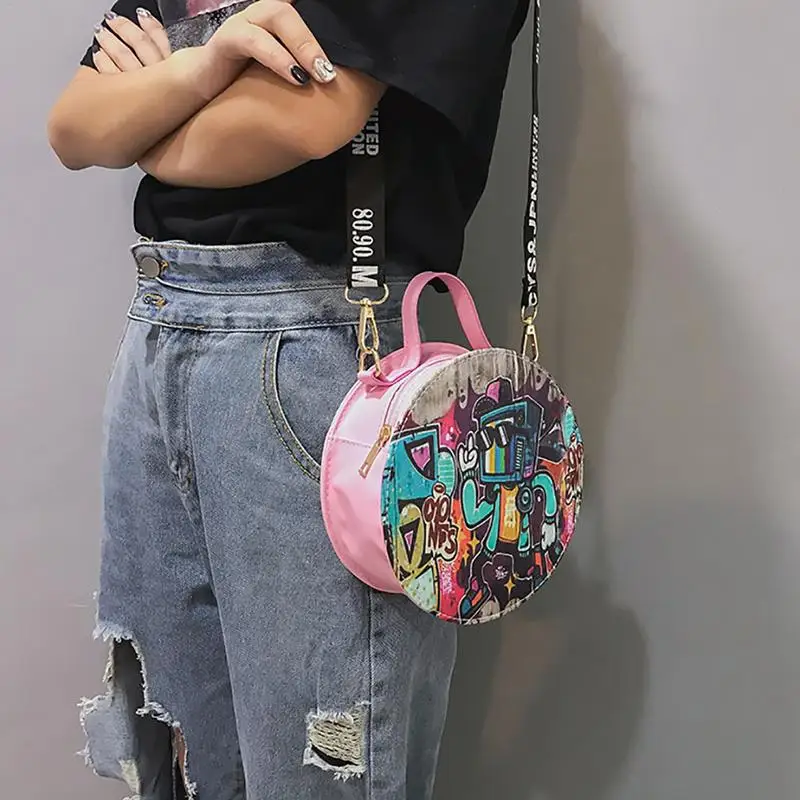 All-match Crossbody Shoulder Bag Wide Shoulder Strap Printed Small Round Graffiti Bag Fashion Women Leather Messenger Totes Bags All-match Crossbody Shoulder Bag Wide Shoulder Strap Printed Small Round Graffiti Bag Fashion Women Leather Messenger Totes Bags
