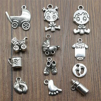 

15pcs Baby Charms Antique Silver Color Baby Carriage Charms Pendants For Bracelets Cute Baby Feet Charms