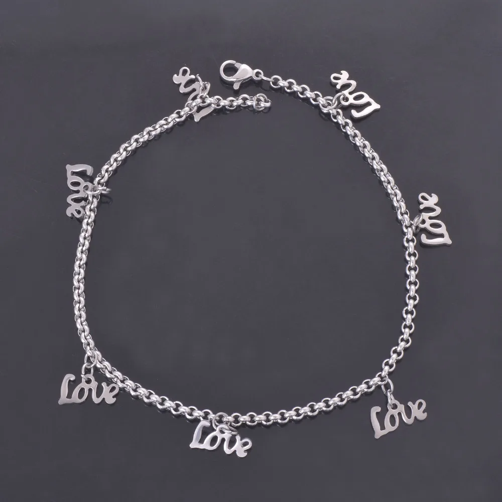 

10Pcs/lot Wholesale Stainless Steel Silver Plated LOVE Charms Anklets Lovers' Classic DIY Summer Beach Foot Chains Jewelry