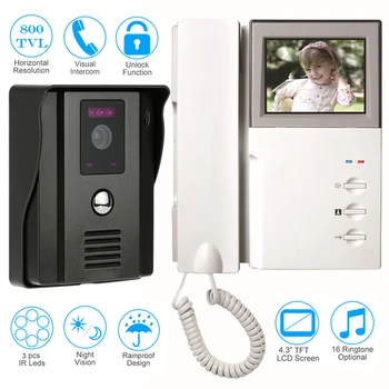 

CUSAM 4.3 inch LCD Video Door Phone Visual Intercom Doorbell with Handset 800TVL Camera IR Night Vision Unlock Two-way Audio