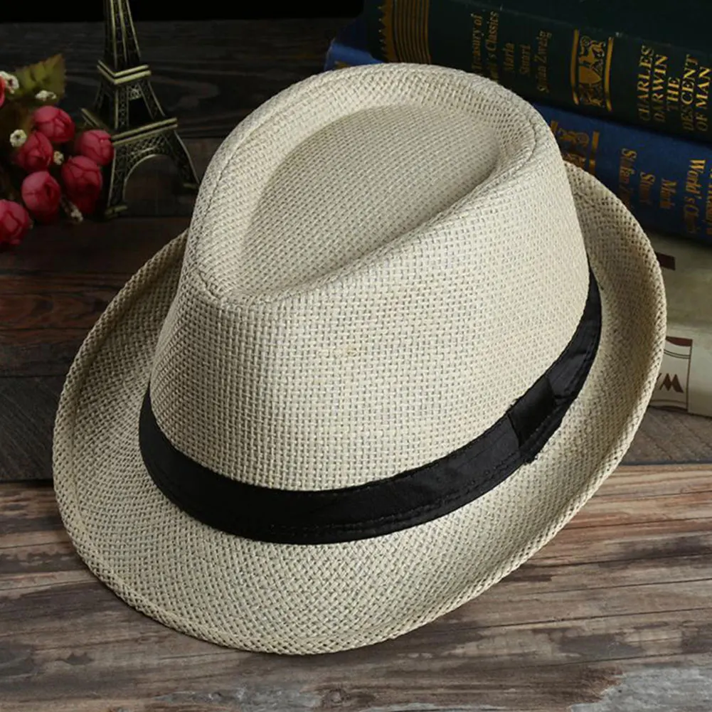 Light beige Мужская и женская пляжная Панама ковбой с широкими полями соломенная трава Трилби Кепка Панама лето осень боулинг, джаз шляпа - Цвет: Light beige