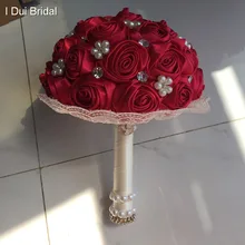 Бордовый Свадебный букет Горячая атласный цветок розы с бусинами и стразами свадебный аксессуар красивый Buque De Noiva