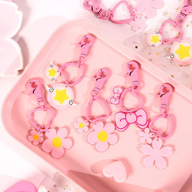 Japanese Cute Pink Girl's Lovely Keychains Acrylic Cherry Flowers Bow knot Hanging Bag Pendant Key Chains Keys Holder Gift 2019 |