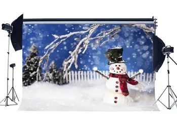 

Photography Backdrop Christmas Tree Snowman Wooden Fence Bokeh Sequins Heavy Snow Xmas Backdrops
