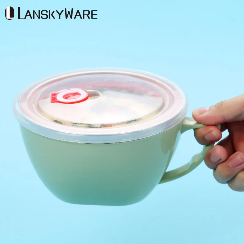 

LANSKYWARE Japanese 304 Stainless Steel Instant Noodle Bowl Leak-Proof Soup Fruit Rice Salad Bowl With Lid Kids Food Container