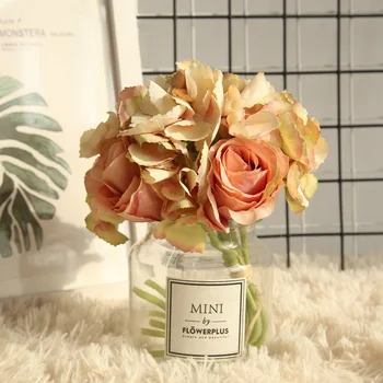 

Wedding bride bouquet hand flower artificial rose bouquet silk hydrangea hybrid flowers party home Christmas decor flower 3pcs