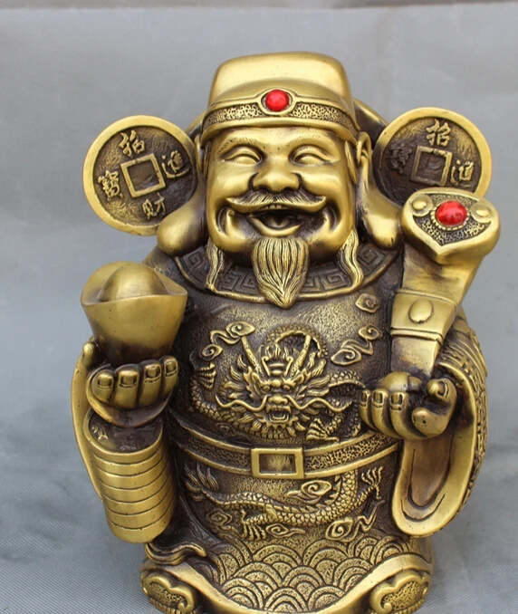 

S2883 11" Chinese Bronze Dragon Head Happy Mammon Money God Hold YuanBao RuYi Statue D0318