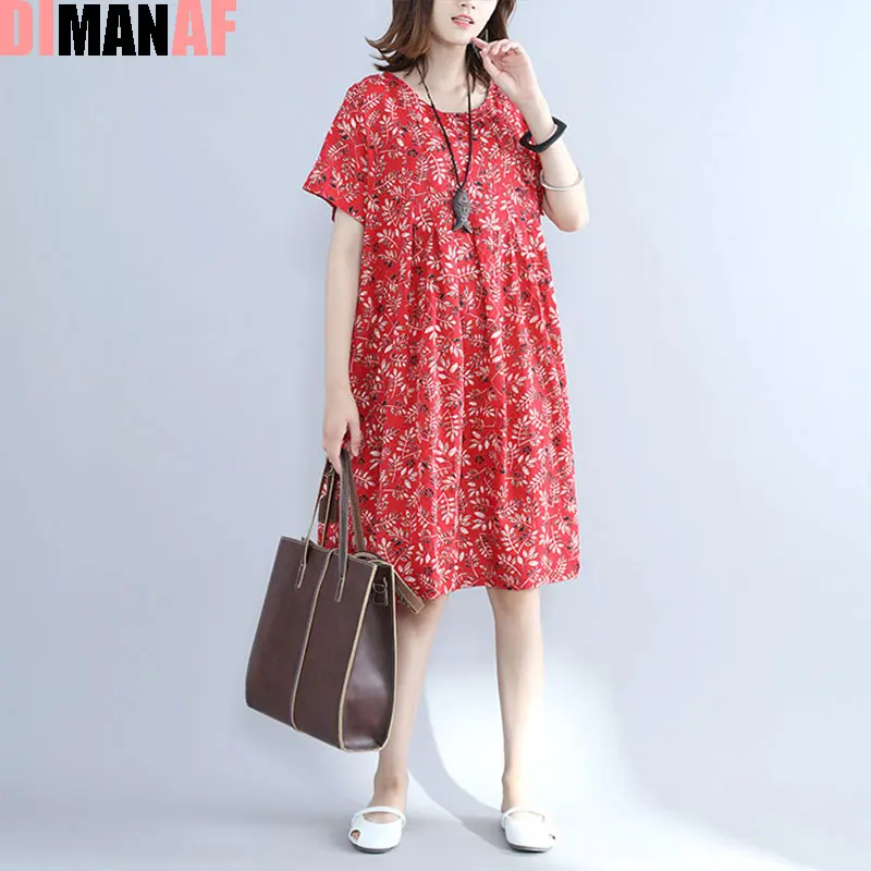 

DIMANAF Plus Size Summer Style Dress Women Linen Floral Female Casual Dress Beach Midi Sweet Loose Large Size Costume 4XL