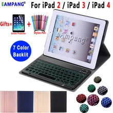 7 Color Backlit Bluetooth Keyboard Case for iPad 2 3 4 Keyboard Case for iPad2 iPad3 iPad4 Case Leather Cover Funda+ Pen+ Film